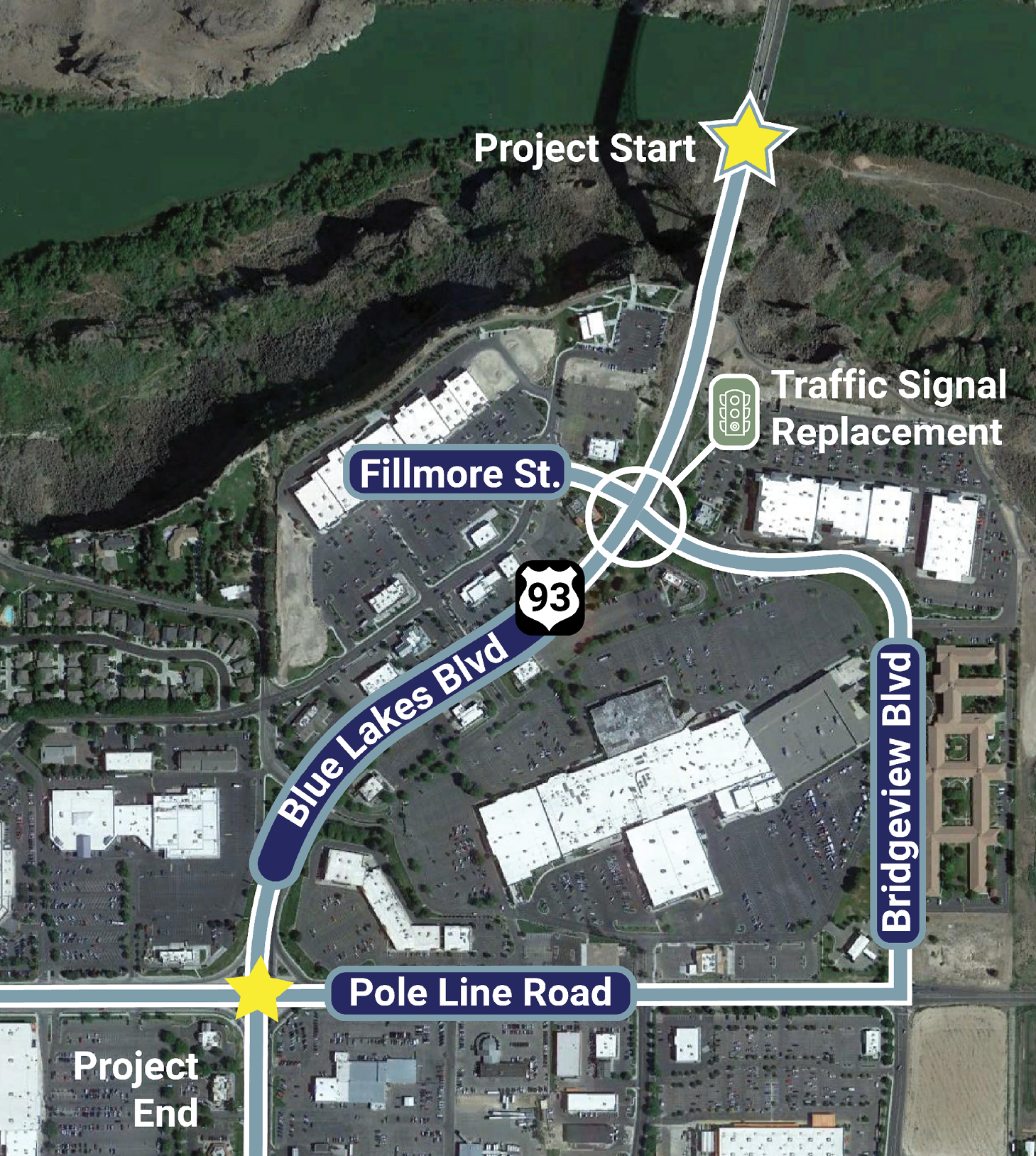 Project area map indicating the start of the project on US 93 and end of the project at the intersection of US 93 and Pole Line Road. Indication of traffic signal replacement at the intersection of Fillmore Street and Blue Lake Boulevard.